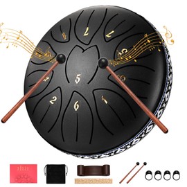 VAYOTOY Steel Tongue Drum, Rain Drum for Garden Tongue Drum 6 Inch 11 Notes C-Key Instrument Handpan with Carry Bag, Music Book, Mallets, Finger Picks for Gifts, Meditation (Black)