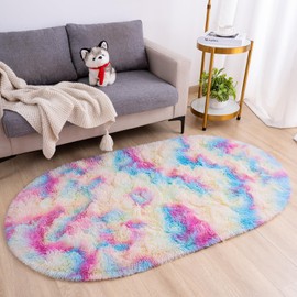 Goideal Fluffy Bedroom Rug, Oval Area Rug Shaggy Carpet 2.6 x 5.2 Feet Small Cute Rug for Dorm Kids Room Nursery Home Decor, Rainbow