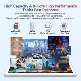 Android 14 Tablet 2025 Latest Tablets, 10 inch Tablet (4+4)GB RAM 64GB ROM 1TB Expand, 2 in 1 Tablets with Keyboard, Case, Stylus, Octa-Core Tableta PC, WiFi 6, Bluetooth,13MP+5MP Dual Camera (Silver)