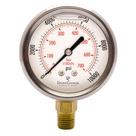 2-1/2" Oil Filled Pressure Gauge - Stainless Steel Case, Brass, 1/4" NPT, Lower Mount Connection, 0-10,000PSI