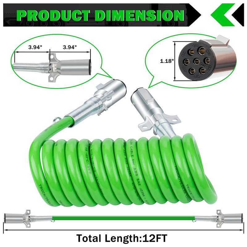 CheeMuii 7 Way Coiled Trailer Cord 12 FT Green ABS