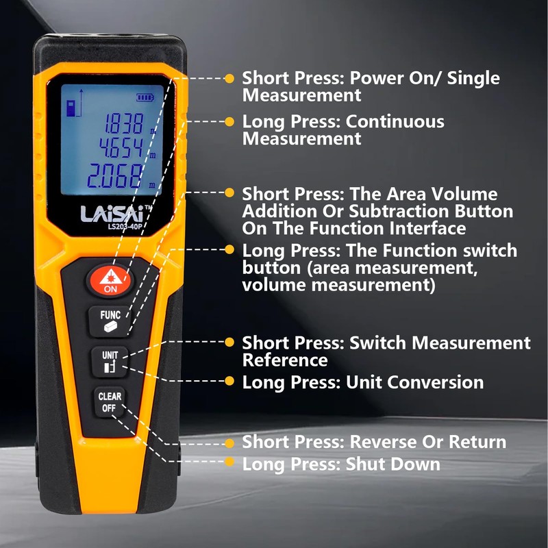 LAISAI Laser Measure, M/in/Ft Unit Switching Backlit LCD and 2