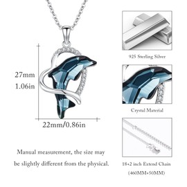 Dolphin Necklace for Women 925 Sterling Silver Blue Crystal Heart Dolphin Necklace Animal Beach Jewelry Gifts for Women
