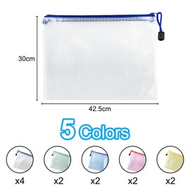 Fousenuk Document Bags with Zip, Pack of 12, A3, Waterproof Document Case, Mesh Plastic Zip Bag, Zip Pockets, for Files, Papers, Receipts, Cosmetics, 5 Colours