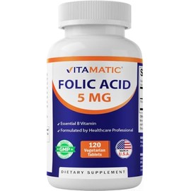 Vitamatic Folic Acid 5 mg (5000 mcg) – High Potency Vitamin B9 (Folate 8333 mcg DFE) – Supports Cellular, Heart & Prenatal Health – Non-GMO – 120 Vege