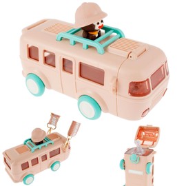 Bus Water Bottle for Kids, Cartoon Sport Water Drink Bottle with Straw & Shoulder Strap, BPA Free Leakproof Cute Drinking Cup with Detachable Flip Lid for Kids Sports, School, Picnic, Travel(pink)