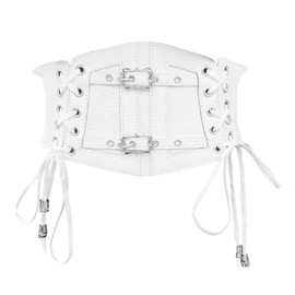Vintage Faux Leather Corset Belt Sides Lace-up Medieval Renaissance Underbust Wide Elastic Waist Belts for Women (White, Fit Waist 40-42")