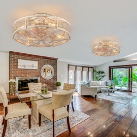 MeZeYo 20" Caged Ceiling Fan with Light,Vintage Rustic Farmhouse Kitchen Decor,Bladeless Ceiling Fans with Lights and Remote,Low Profile Fan for Bedroom,Reversible 6 Speeds Motor,4 E26 Bulbs Included