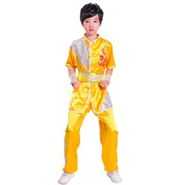 Boys Girls Kung Fu Master Tai Chi Dragon Chinese Uniform Top Shirt Pants Set Outfit (Yellow, 12-14 Years)