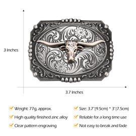 BBOTEN Longhorn Bull Western Belt Buckle for Women Men, Cowboy Long Horn Belt Buckles, Texas Vintage Belt Buckles, Gray