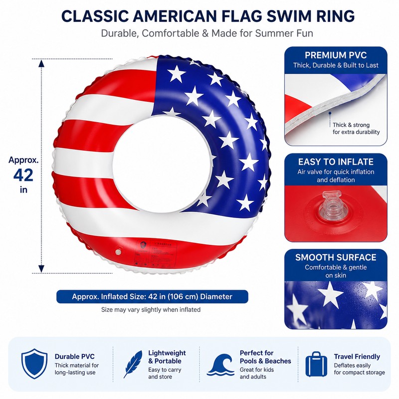 American Flag Inflatable Swim Ring for Adults – 48-Inch PVC