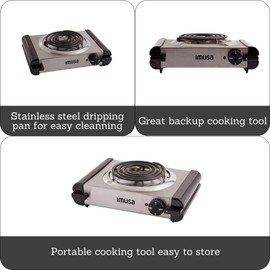 IMUSA USA GAU-80311 Electric Single Burner 1000-Watts, Stainless Steel, Silver
