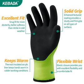 Kebada T3 Winter Work Gloves for Men and Women, Warm Knit Cold Weather Work Gloves, Thermal Insulated Freezer Gloves, 100% Latex Coating Non-slip Grip, Long Wrist Design, 1 Pair, Green, X-Large