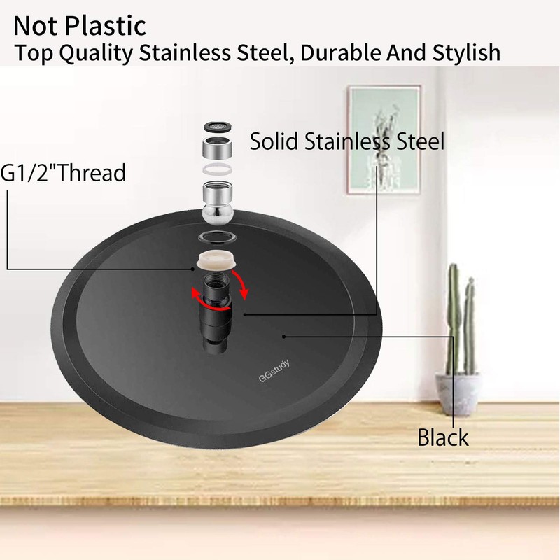 GGStudy Round 16 Inch Stainless Steel Shower Head Rain Style
