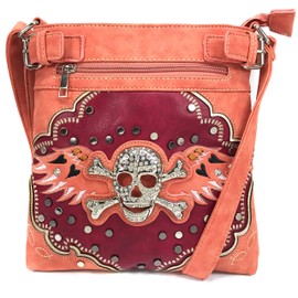 Justin West Women's Rhinestone Skull Crossbones with Angel Wings Shoulder Handbag (Red Crossbody Only)