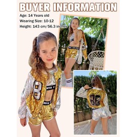 LOLANTA 4 Pieces Girls Hip Hop Dance Costume Kids Sequins Jazz Dance Clothing Set Socks Attached 4-15 Years, gold