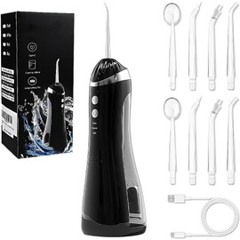 Irrigador Bucal, Irrigador Bucal Inalámbrico Portatil 3 Modos de Limpieza y 4 Puntas IPX7 Impermeable Limpiador de Dientes Recargable por USB para Hogar y Viajes (Negro)