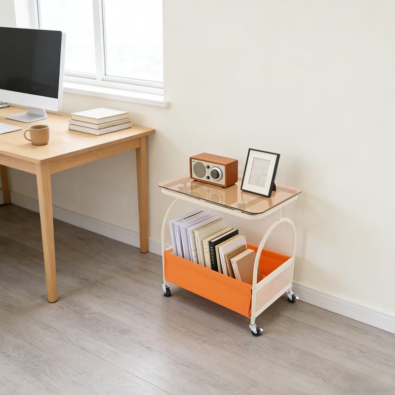 DYRABREST 2-Tier Rolling End Table with Storage, Cream White Frame