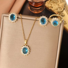 4pcss Set of Golden Jewelry Plated 18K Golden Cubic Zirconia Sky Blue Zirconia Oval Necklace Stud Rings 4pcs Set INS FrenchColor: Blue