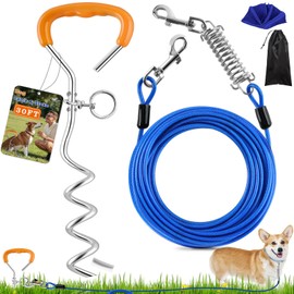 LANNEY Dog Tie Out Cable and Stake, 30ft Leash Chain Lead with Swivel Hook and Shock Spring for Yard Outside Camping, 16 inch Heavy Duty Spiral Ground Stake for Medium Large Dogs Up to 125 Lbs
