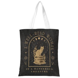 ZYQFN A Well Read Woman Is A Dangerous Creature Vintage Tote Bag - Bookish Gothic Literary Canvas Bag - Trendy Cat & Book Lover Gift - Reusable Library Tote for Women, Readers & Writers. (137)