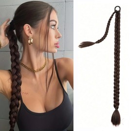 Dongkaili Ponytail Braid Extension with Hair Tie Long Braided Straight Wrap Around Hair Extensions Ponytail Natural Soft Synthetic Ponytail Extension for Women Daily Wear (Dark brown, 26inch)
