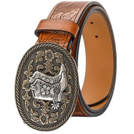 Western PU-Leather Cowboy Cowgirl Buckle Belt for Men Women Jeans - Engraved Floral Boots Texas Buckle Belt