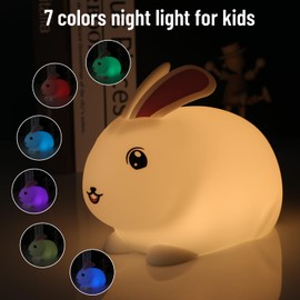 SALUOKE Rabbit Night Light Children, Kawaii Rabbit Night Light Baby, 7 Colours LED Night Light Dimmable with Timer, Bunny Night Light Lamp, Night Light Baby Nursing Light, Night Light Children's Room