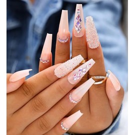 Artquee 24pcs French Nude White Ballerina Flash Diamond Crystal Long Glossy Coffin Flash Fake Nails Press on Nail False Tips Manicure for Women and Gi