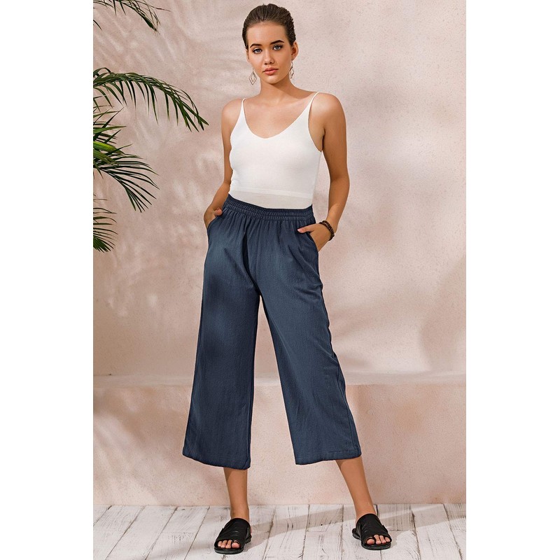 ECUPPER Womens Casual Loose Elastic Waist Cotton Trouser Cropped Wide