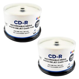 ACU-DISC Pro-Series CD-R 52x Speed 700MB 80 Minute Full Face Brilliant White Inkjet Printable Blank Discs 19749 – 2x50 Pack Spindles - 100 Discs