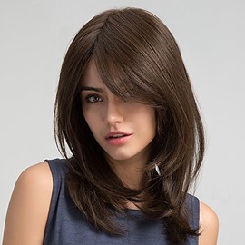 Peluca Natural Castaño Oscuro con Flequillo, Estilo Shaggy Largo y Cómodo, Pelucas Sintéticas para Mujer, Ideal para Cambiar de Look Fácilmente - (Pel
