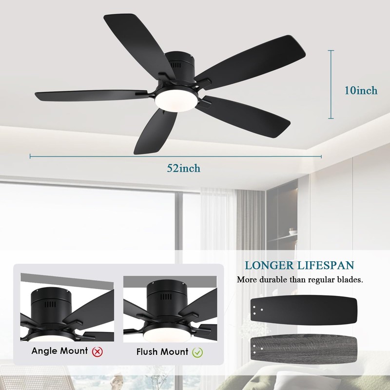 Ayaoty 52 Inch Low Profile Ceiling Fans with Lights and