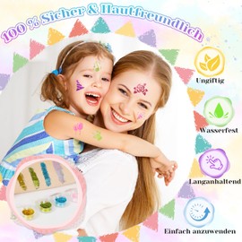 Children's Glitter Tattoo Set, Temporary Glitter Tattoos Set, Girls, 38 Colours, 139 Stencils, 5 Brushes, 3 Glue, 2 Rhinestones, 1 Sponge Cloth, Children's Tattoos for Parties, Birthday, Gift from 3