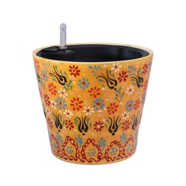 Madam Sophia Concept Handmade Ceramic Self-Watering Flower Pot 8-inch Unique Floral Design (Yellow)