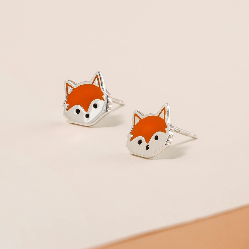 Boma Jewelry Sterling Silver Fox Stud Earrings with Hand Painted