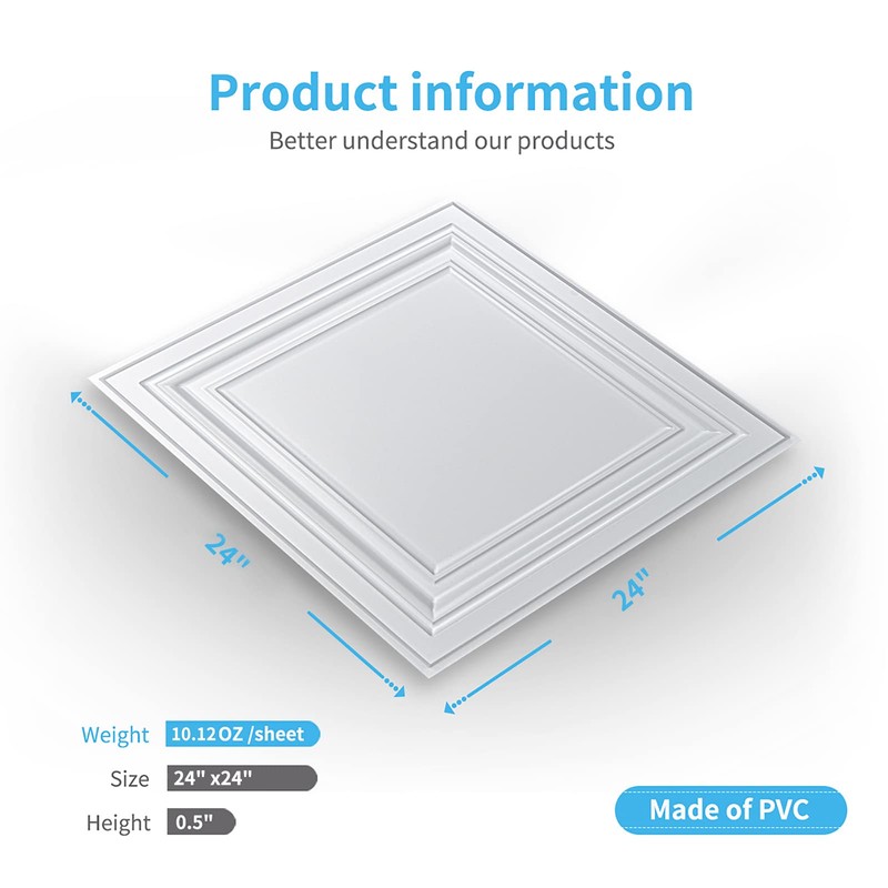Art3d PVC Ceiling Tiles, 2'x2' Plastic Sheet in White (12-Pack)