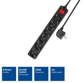 ACT AC2465 6-Way Power Strip with Switch, Power Strip 3 m Cable, Multiple Socket Black with Child Lock, Distribution Socket with 45 Degree Angle