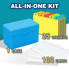 H4D 3x5 Index Card Holder with 100 Heavyweight Ruled Index Cards and 25 Plastic Dividers, Blue