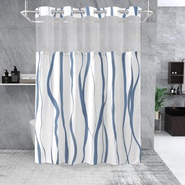 SSCRCUSLY No Hook Shower Curtain with Snap in Liner Set, Blue and White Striped Design, Waterproof Washable Fabric Hotel Shower Curtains for Bathroom Decor with See Through Mesh Top Window 71x84 Inch