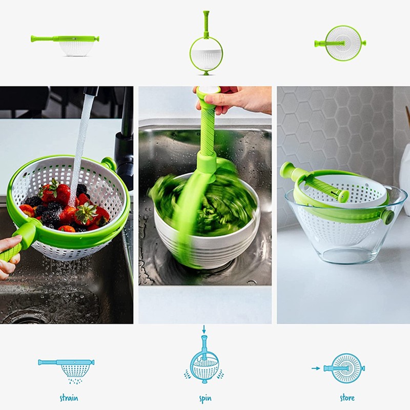 Salad Rotator Plastic Colander with Collapsible Handle Rotatable Kitchen Strainers