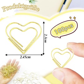 luckaide Paper Clips Heart Gold, Pack of 100 Paper Clips, Golden Paper Clips, Large, Paper Clips Motif, Paper Clips with Transparent Box for Office, Classroom, Decorative Postcards