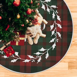 ALAZA White Christmas Tree Skirts Wreath In Tartan Checkered Plaid Large Wicker Xmas Tree Skirt Christmas Tree Mat For New Years Decorations Holiday Home Decor