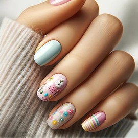 Easter Press on Nails Medium Square Fake Nails with Colorful Flower Design Easter Egg False Nails Full Cover Glossy Acrylic Nails Stick on Nails for Women Girls Easter Spring Manicure 24Pcs