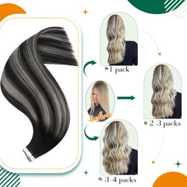 Easyouth Hair Extensions Tape in Human Hair Tape in Extensions Ombre Black to Silver Grey Mixed Black Tape in Human Hair Extensions Balayage Tape in Extensions Straight 20Inch 20pcs 50g