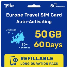 Europe SIM Card for Travel 60 Day 50GB for 36 Countries | Refillable Long Duration Pack | High Coverage Multi-Operator 5G Network | Auto-Activating | Hotspot Allowed