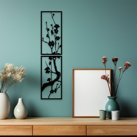Chinese Style Framed Metal Wall Hanging, Outdoor Garden Decor with Plum Orchid Bamboo Chrysanthemum Asian Region Decoration, Indoor and outdoor metal wall decoration (Plum)