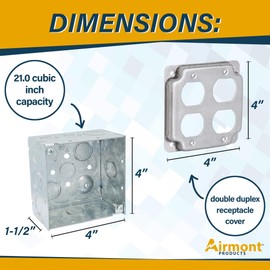 Outlet Box Kit, Includes 4x4'' Welded Metal Electrical Box, 2 Tamper Resistant 20 Amp Duplex Receptacle Outlets, Duplex Receptacle 4x4'' Cover, 16 Knockouts, Green Pigtail Grounding Wire and Screw