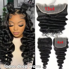 Swiss 4*4 HD Lace Frontal Closure for Wig Raw Natural Preplucked Hairline Small Knots Glueless HD 13*4 Lace Frontal Human Haircolor: loose deep wave, stretched length: 24inches, toupee size: 13*4
