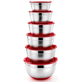 P&P CHEF Mixing Bowls With Lids, Set of 6, Stainless Steel Nesting Mixing Bowls & Fitting Lids & Non-Slip Silicone Bottom, Ideal for Mixing, Storing, Size 0.7/1/1.5/2.5/3/4.6 Qt, Red